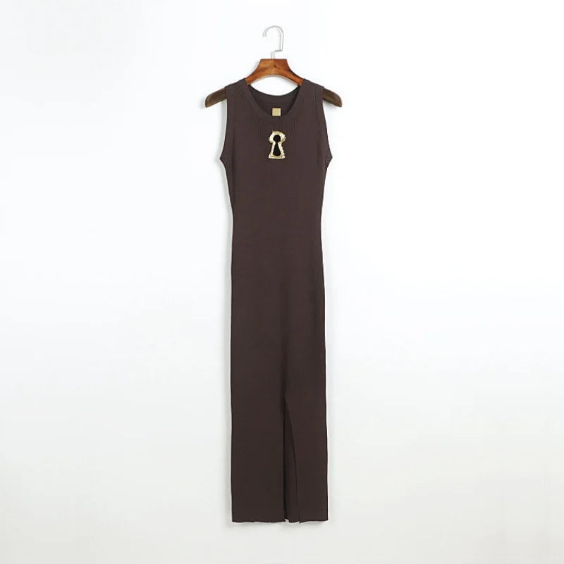 Hollow-Out Knit Vest Dress With Metal Buttons Sleeveless Slit