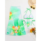 Flowers Printed With Skirt Halter Bikini Three-pieces Bikini set