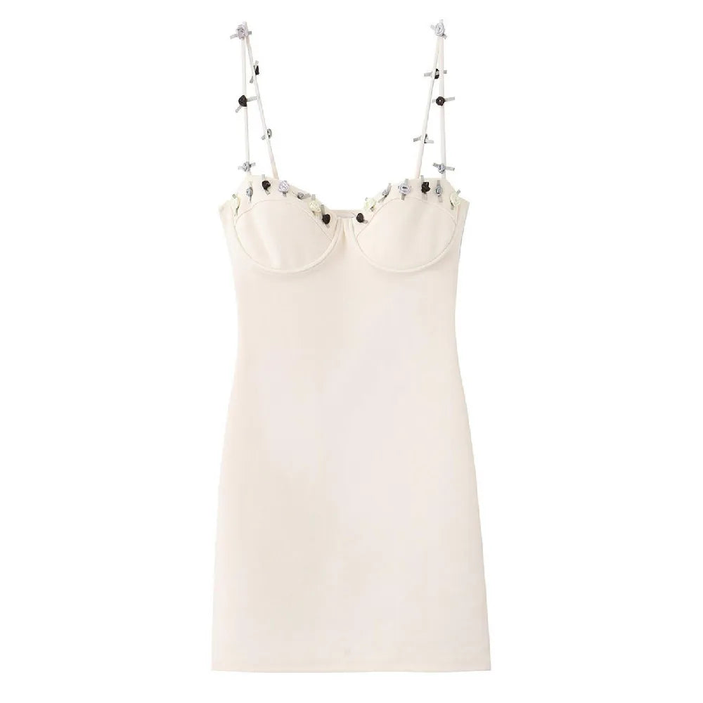 Beige Floral Applique Strap Corset Dress With 3D Flowers And Mini