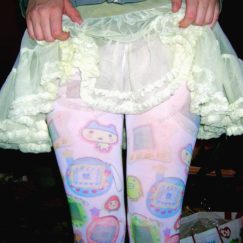 Kawaii Cartoon Pattern White Long Socks With Harajuku Grunge Vibe For Emo Cute Style