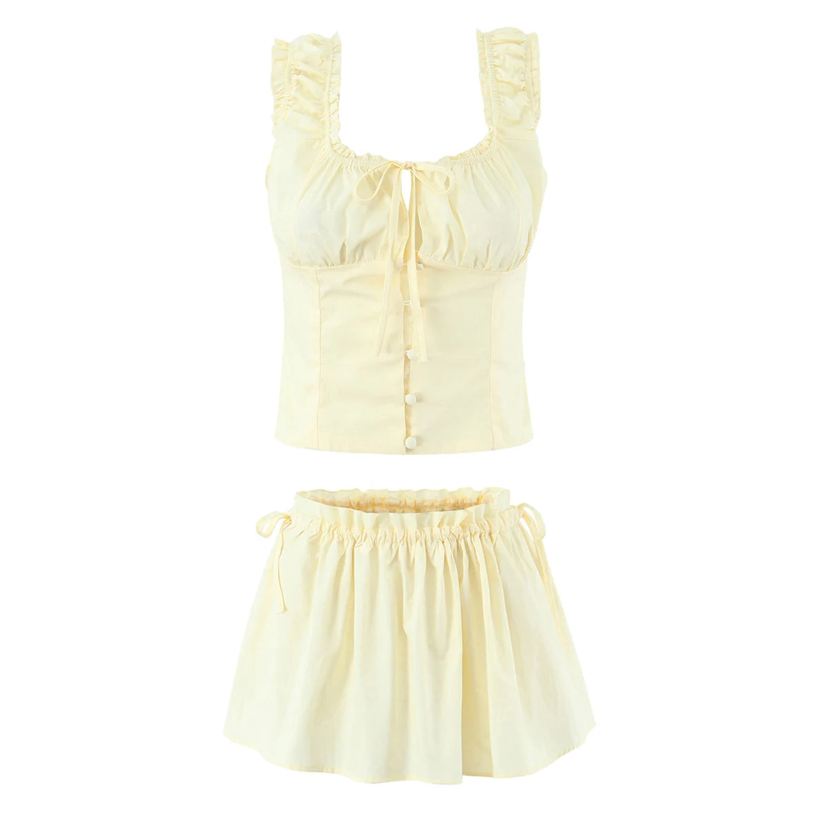 Radiant Bow Accent Ruched Bust Tank Top With Open Button Front And Rope Laced Waist Mini Skirt Set