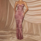 Elegant Backless Strapless Tulle Maxi Dress With Patchwork Print Off Shoulder Evening Gown