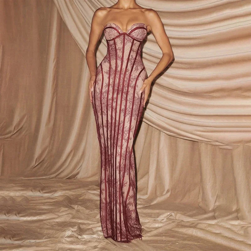 Elegant Backless Strapless Tulle Maxi Dress With Patchwork Print Off Shoulder Evening Gown