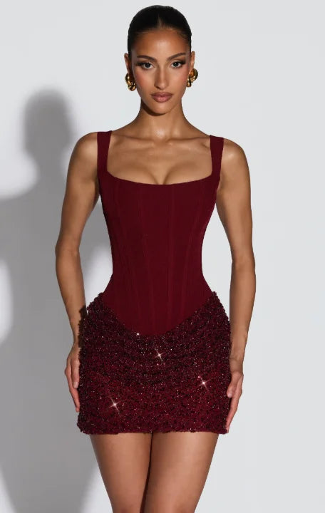 Sequin Patchwork Sling Mini Dress Off Shoulder Backless Waist Cinching Party Gown