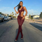 Mesh Backless Halter Jumpsuit With See Through Panels And Figure Hugging Fit