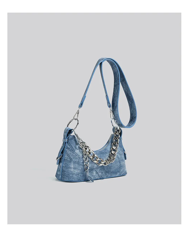 Denim Daydream Shoulder Bag With Chain Accent