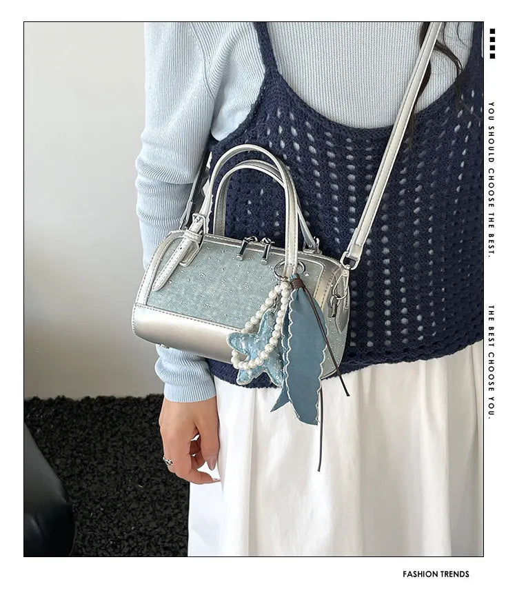 Denim Crossbody Bag With Embroidered Ruched Detailing And Subtle Rivet Accents