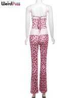 Patchwork Mesh Set With Leopard Print Skinny Pants Sexy Sleeveless Crop Top Street Style