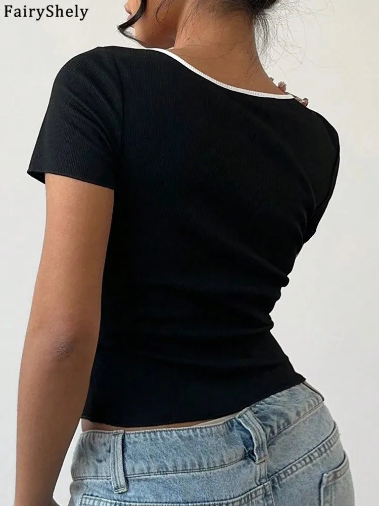 Square Neck Short Crop Top With Bow Black Bodycon Silhouette