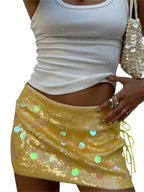 Sequin Side Split Mini Skirt With High Waist And Lace Up Detail