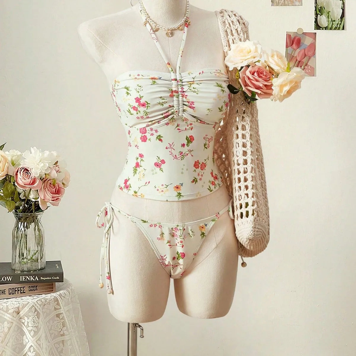 Floral Tankini Two Piece Swimsuit Halter Neck High Waist Backless Beachwear