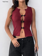 Red Sleeveless Hollowed Out Crop Tank Top With Frog Button Detail