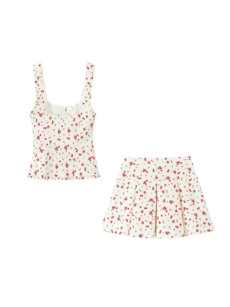 Floral Print Tank Top And Mid Waist Pleated Mini Skirt Two-piece Set