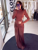 Peach Backless Maxi Dress With Waistless Silhouette And Ruched Elegance
