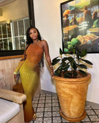 Long Maxi Dress With Skew Collar Full Sleeves Mesh See Through