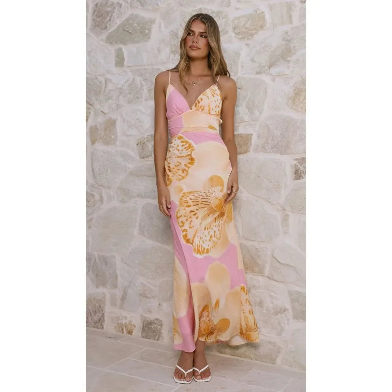 Sunlit Breeze Printed Strap Maxi Dress With V Neck Backless
