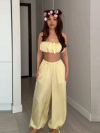 Women's Trousers 2 Pcs Suits Pleated Spaghetti Strap Cropped Tube Tops Elastic Waist Lace Up Pants