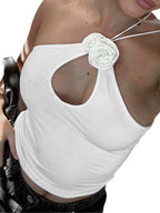Floral Hollow Out Cross Back Tank Top With Flower Decor Cropped Sleeveless