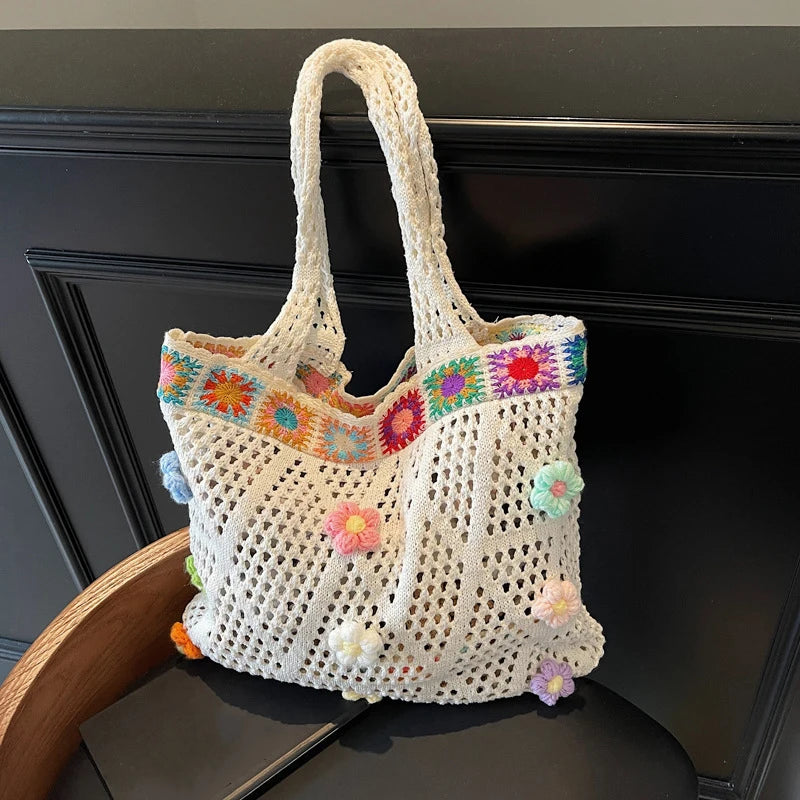 Boho Knitting Shoulder Bag With Floral Crochet