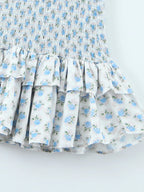 Flower Print Corset Ruched Elastic Body Sling Mini Square Collar Ruffles Hem Dress