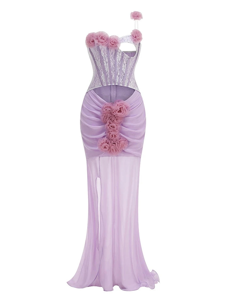 One Shoulder Floral Hollow Out Purple Maxi Dress