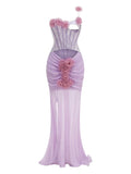 One Shoulder Floral Hollow Out Purple Maxi Dress