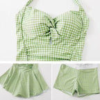 Plaid Backless Swim Dress With Halter Neck