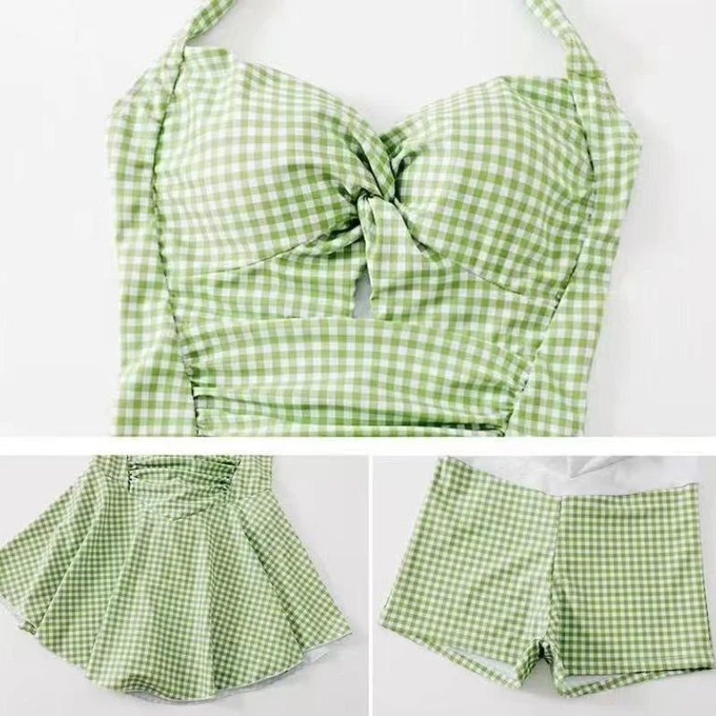 Plaid Backless Swim Dress With Halter Neck