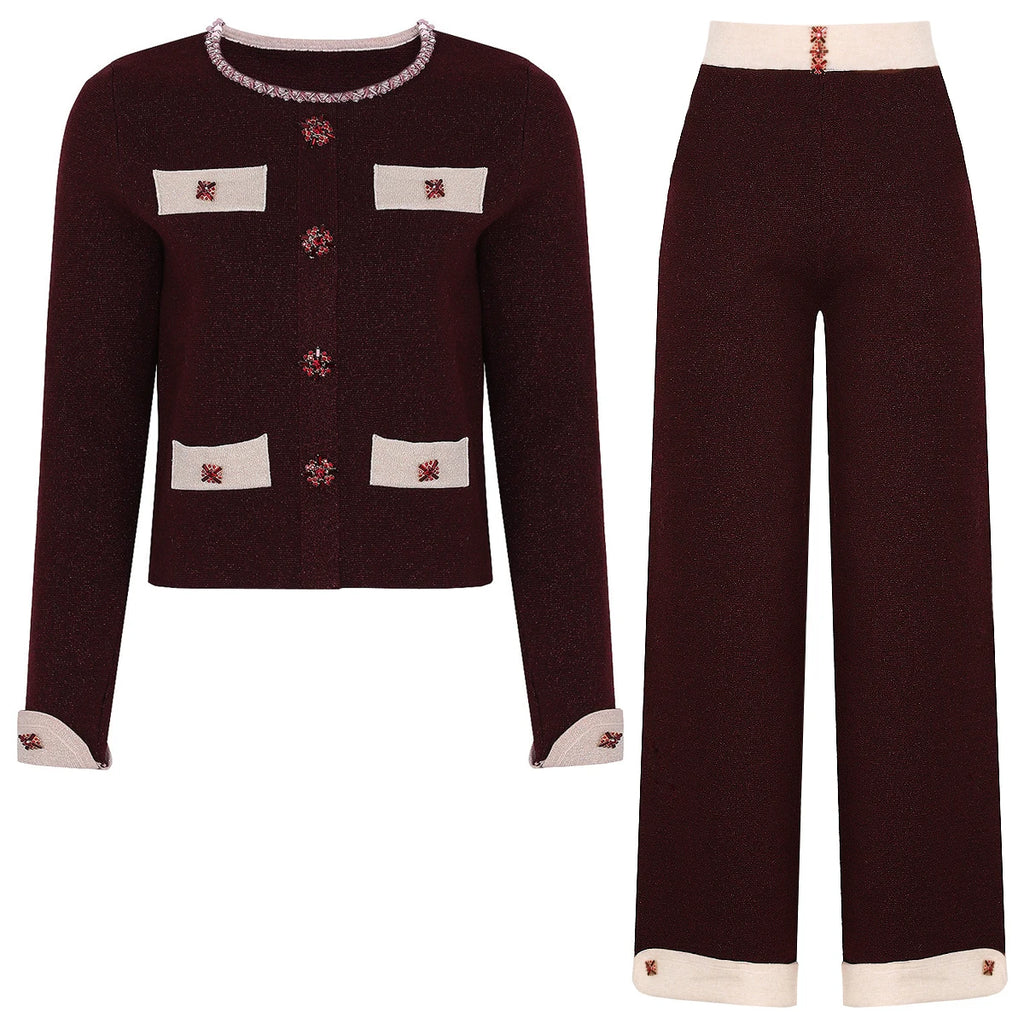 Diamond Buckle Knit Top With Elastic Fit Long Sleeve Pullover Round Neck For Women