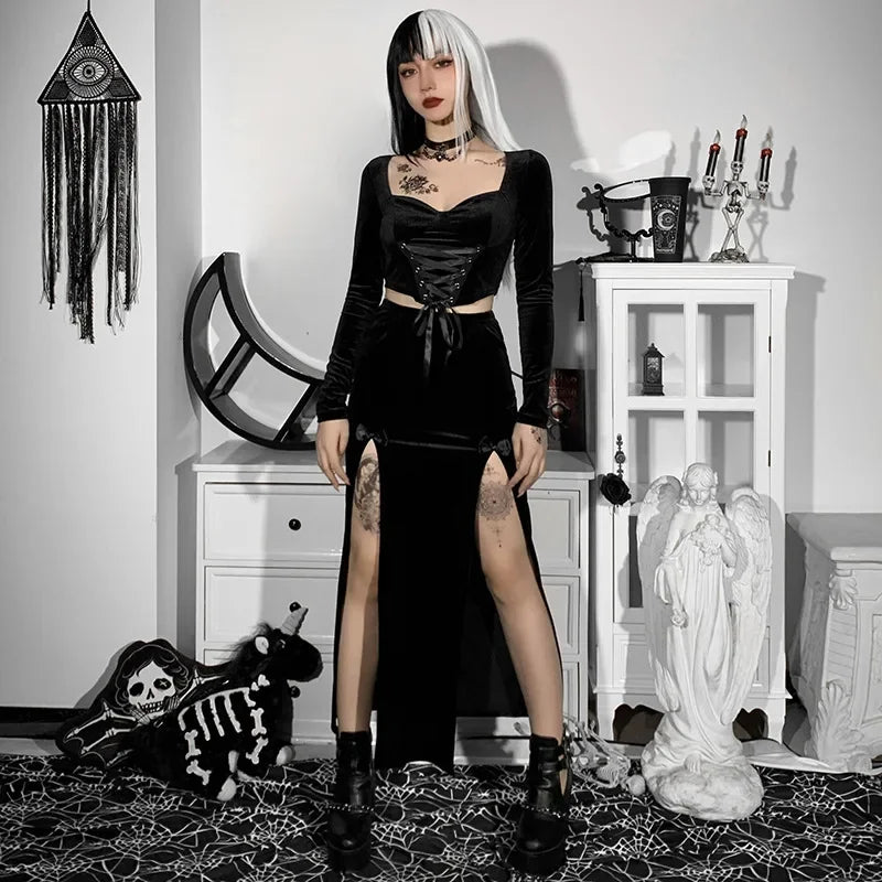 Punk High Waist Skirt With Bow Side Split Knee Length
