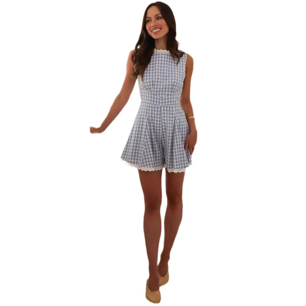 Vintage Plaid Patchwork Jumpsuit With Lace Trim Sleeveless High Waist Shorts