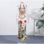 Flirty Printed Halter Backless Dress For Summer Party Chic Evening Outfits Slim High Waist