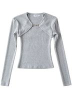 Crop T Shirt O neck Crop top Full Sleeve Chain Buckle Cape T-shirt Camis with Tee