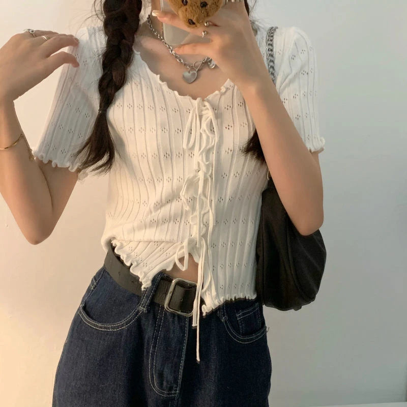 Soft Knit V Neck Cropped Ribbed Short Sleeve Tee