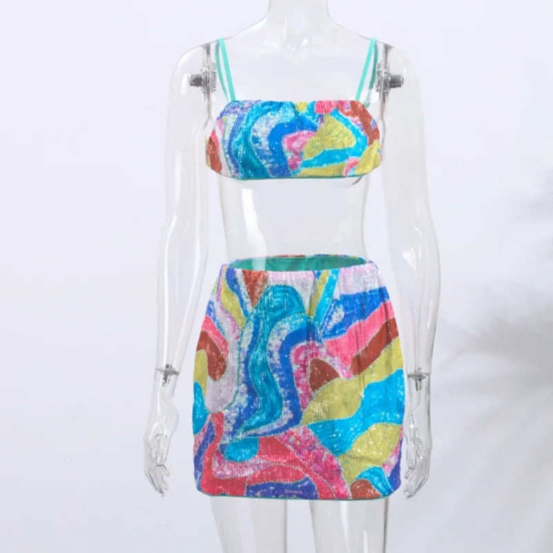 Beaded Sequin Two Piece Set Sleeveless Backless Crop Top And Mini Skirt Glam Outfit