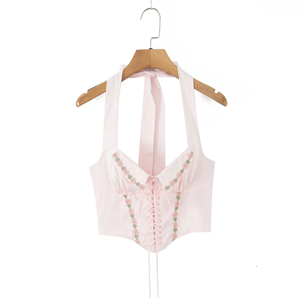 Pink Embroidered Floral Halter Corset Camisole With Ruched Chest Bow And Cross Lacing