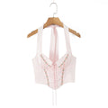 Pink Embroidered Floral Halter Corset Camisole With Ruched Chest Bow And Cross Lacing