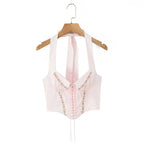 Pink Embroidered Floral Halter Corset Camisole With Ruched Chest Bow And Cross Lacing