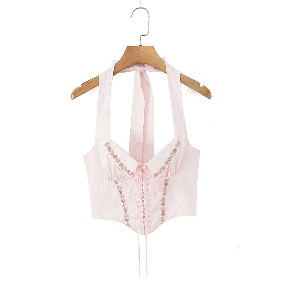 Pink Embroidered Floral Halter Corset Camisole With Ruched Chest Bow And Cross Lacing