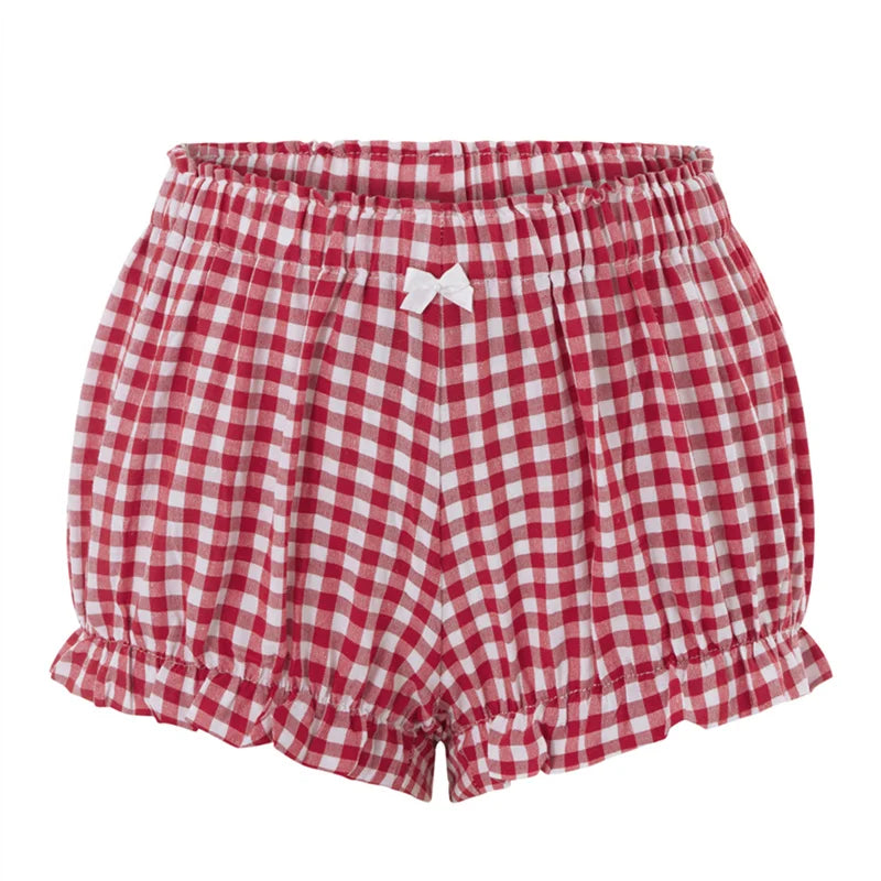 Cozy Kawaii Plaid Pajama Shorts With Elastic Waist Ruffle Trim
