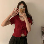 Soft Knit V Neck Cropped Ribbed Short Sleeve Tee