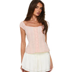 Cap Sleeve Button Down Blouse With Delicate Frill Trim