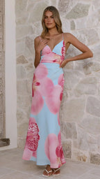 Sunlit Breeze Printed Strap Maxi Dress With V Neck Backless