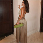 Two Piece Set Solid Color O Neck Top With Backless Lace Up And High Waist A Line Skirt