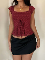 Sexy Wood Ear Lace-Tie Women Y2k Slim Square Collar Short Sleeve Camisole