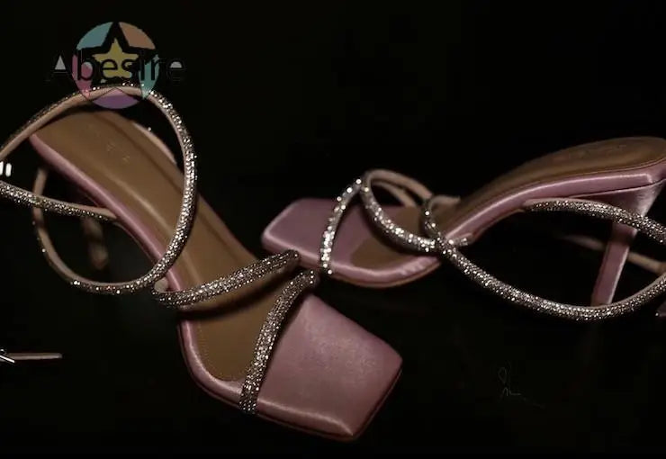 Pink Diamond Sparkle Stiletto Sandals With Open Toe And Square Detail For Evening Parties