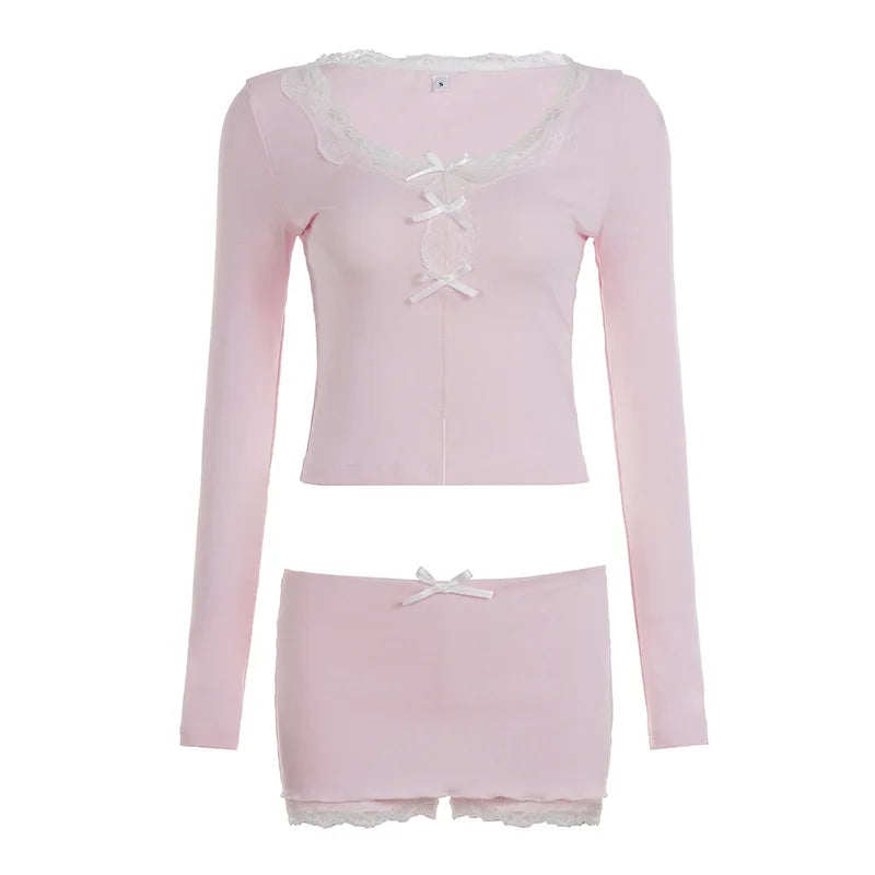 Y2K Hot Girl Lace Hem 2 Piece Set Fashion Bow Long Sleeve Crop Top & Bodycon Mini Skirt Matching Suits