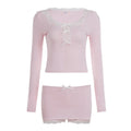 Y2K Hot Girl Lace Hem 2 Piece Set Fashion Bow Long Sleeve Crop Top & Bodycon Mini Skirt Matching Suits