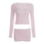 Y2K Hot Girl Lace Hem 2 Piece Set Fashion Bow Long Sleeve Crop Top & Bodycon Mini Skirt Matching Suits