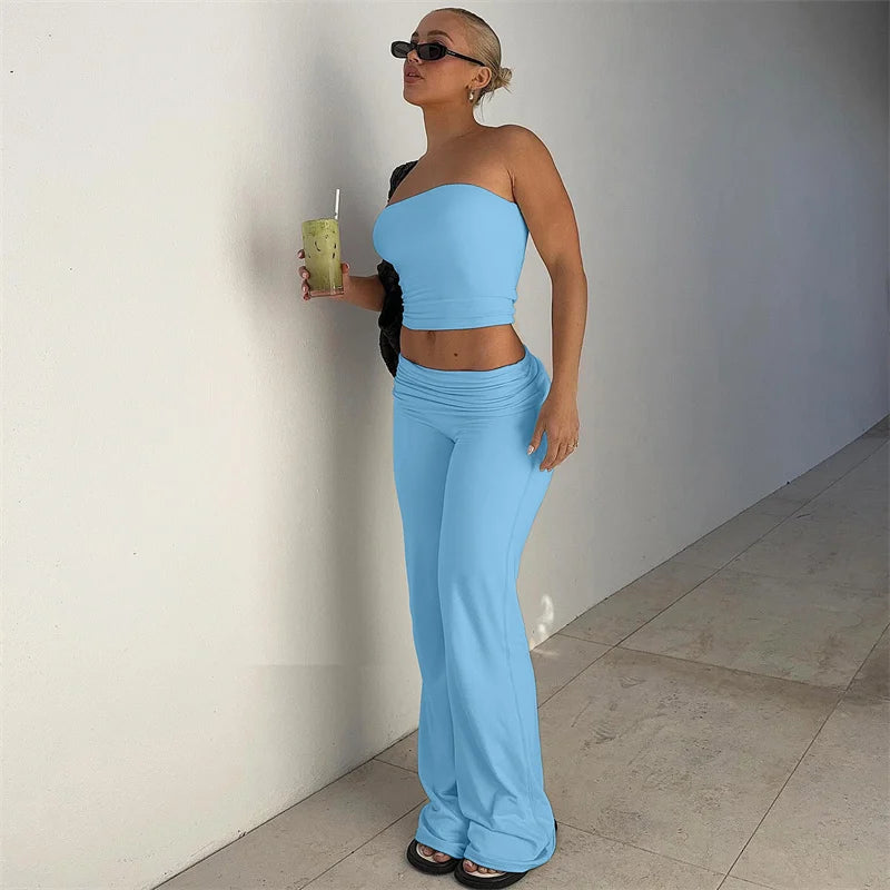 Strapless Crop Top And High Waist Ruched Flare Pants Set